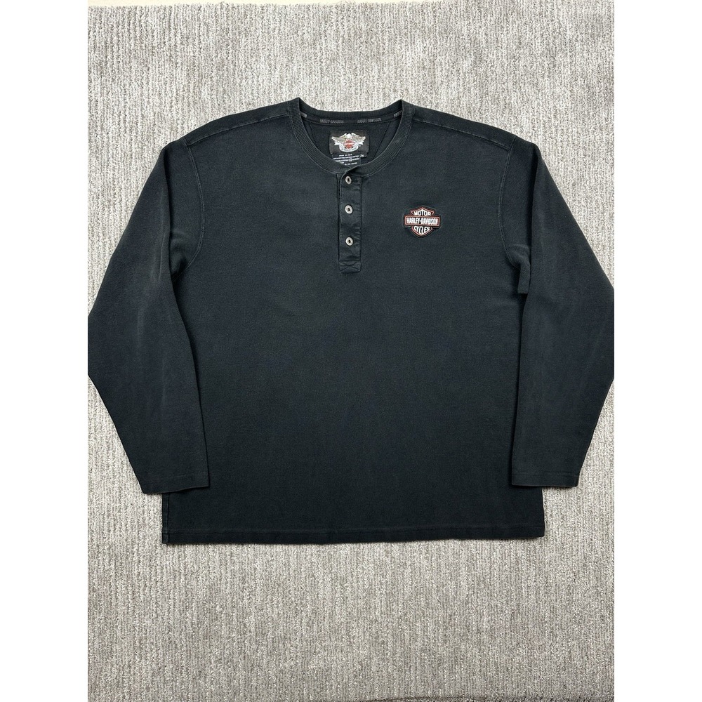 Y2K Harley Davidson Black Henley Thermal Long Sleeve Shirt Embroidered Mens XXL
